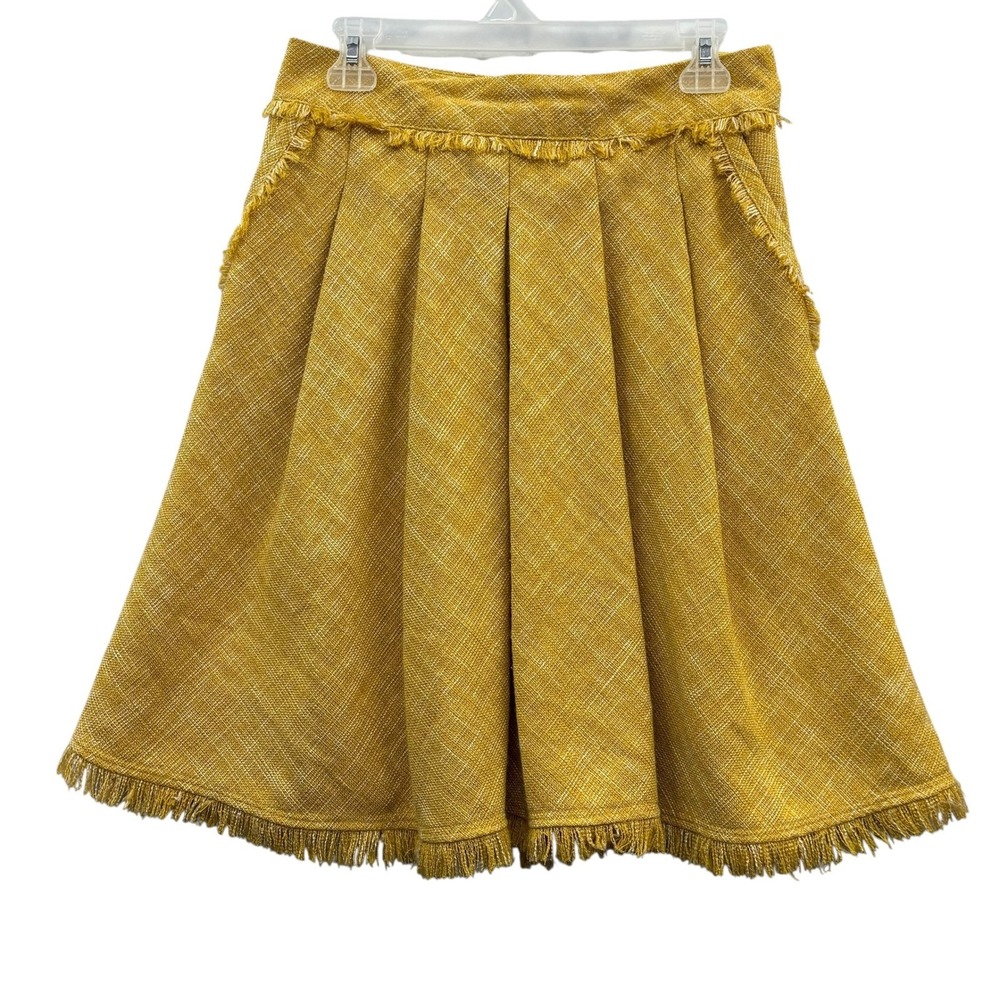 Maeve Anthropologie Womens Fringe Tweed Skirt A Line Pleated Gold Mod 4